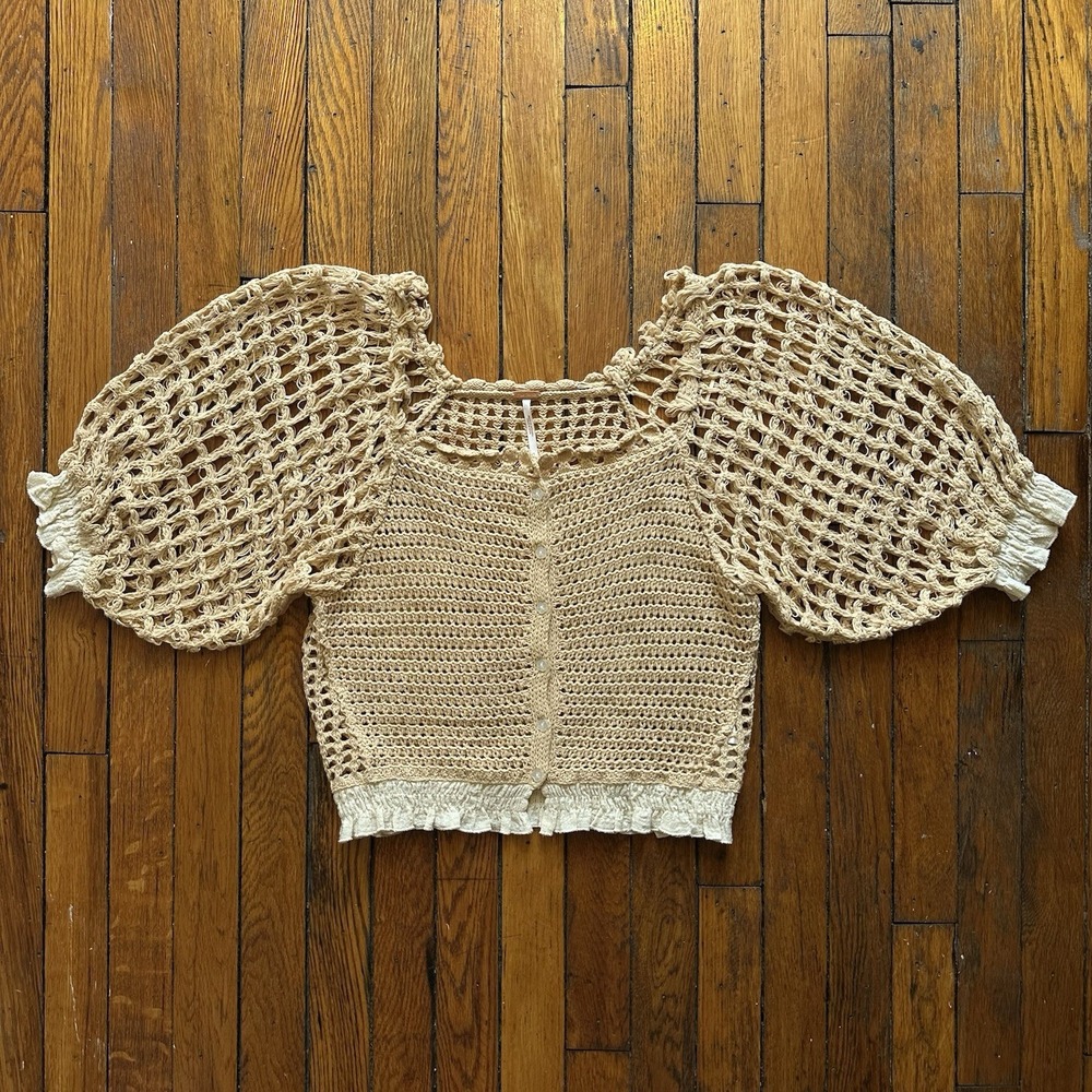 Free People Luisa Cardi Net Balloon Sleeve Top Women S Apricot Illusion Combo